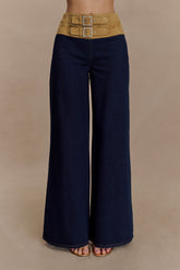 Miranda Faux Suede Belted Denim Wide Leg Jeans - Indigo Blue
