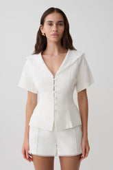 Melody Short Sleeve Shirt With Lace Collar - White