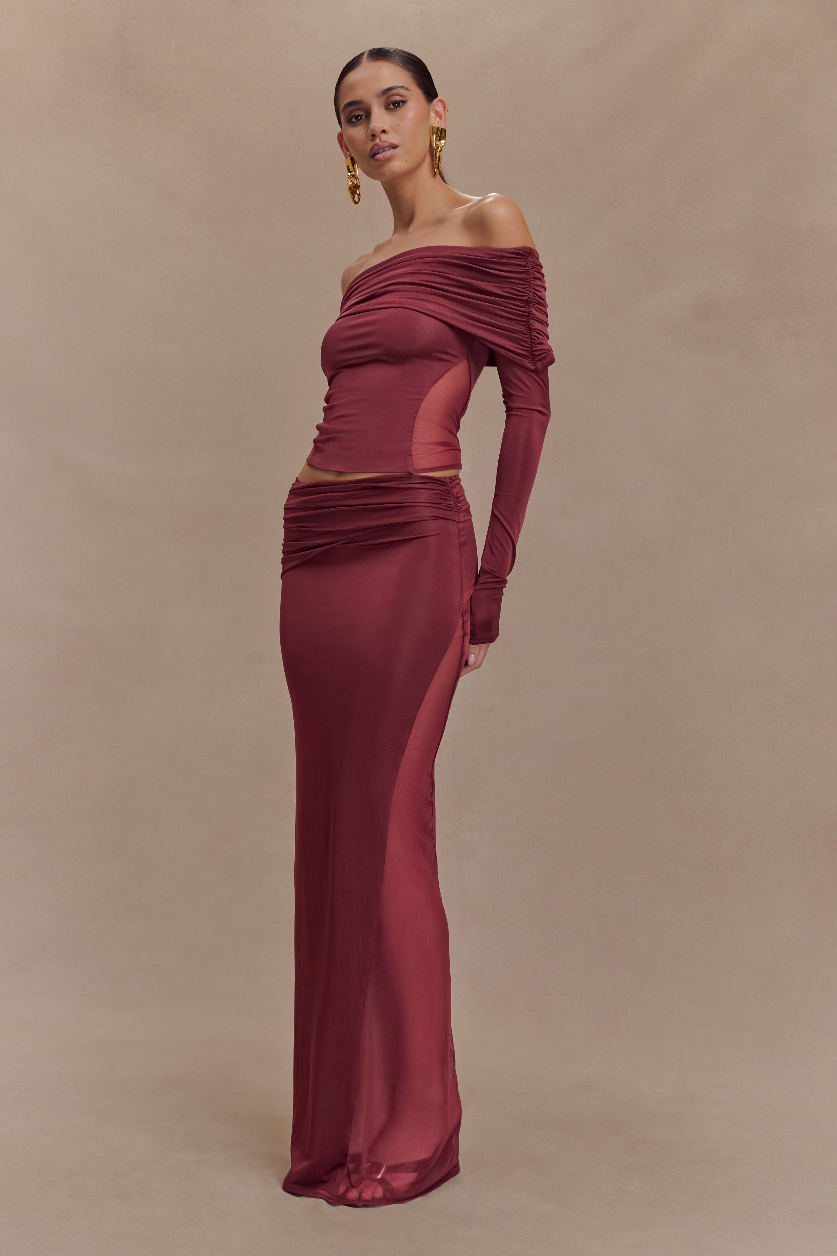 Judy Slinky And Mesh Off Shoulder Top - Wine