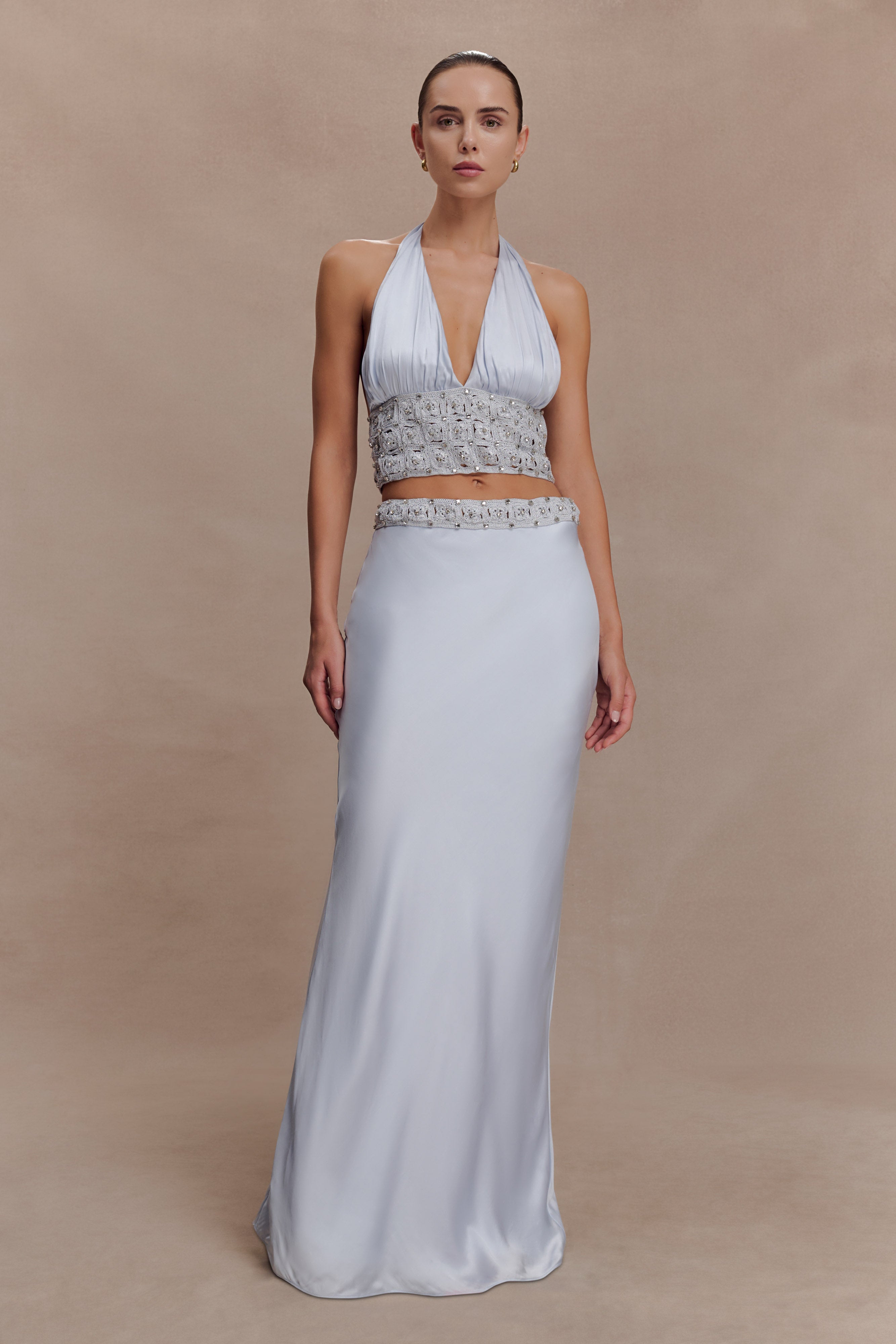 Clementine Chiffon Hand Beaded Top - Pale Blue